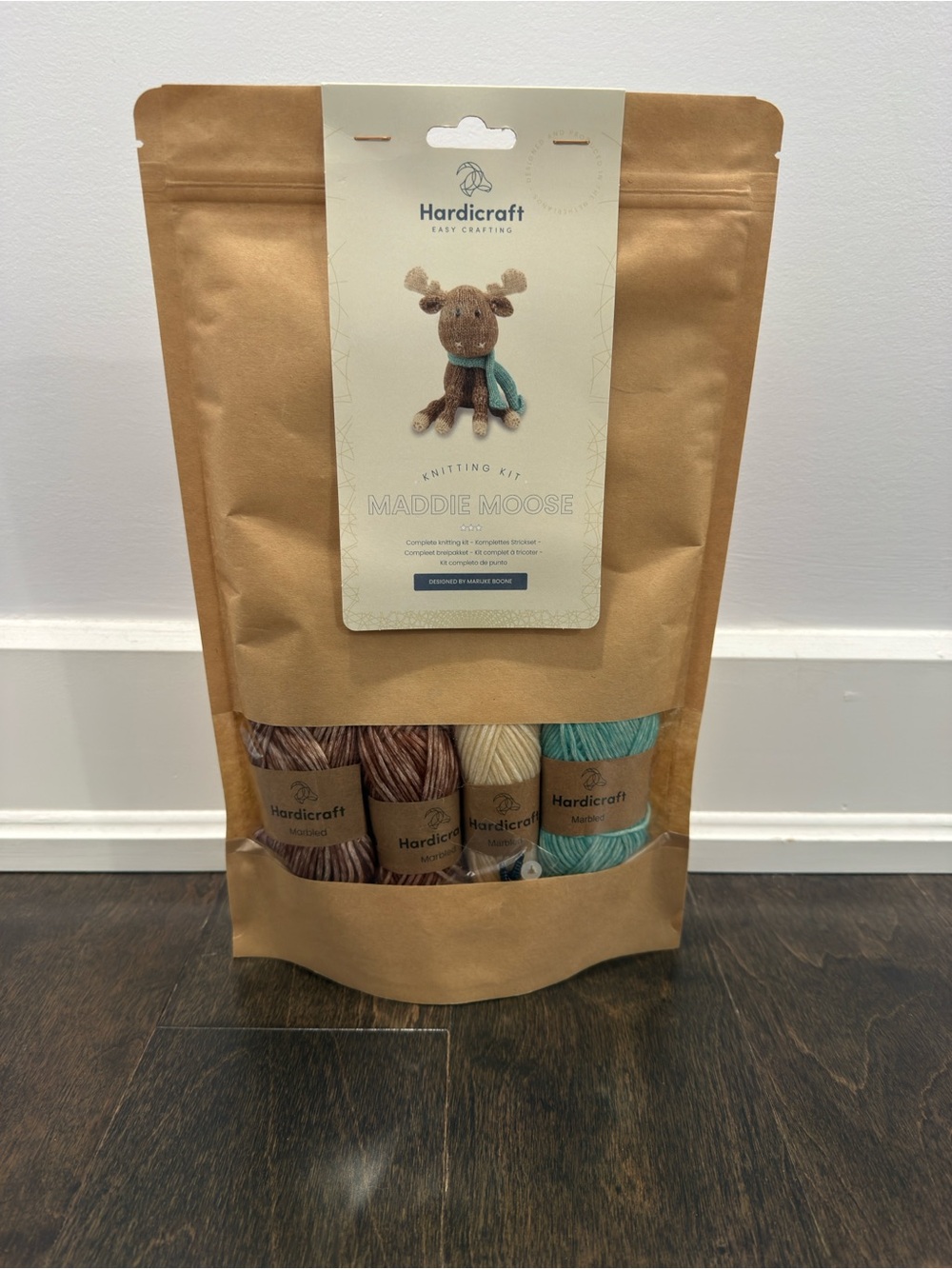 Maddie Moose Knitting Kit in Brown, Cream & Teal